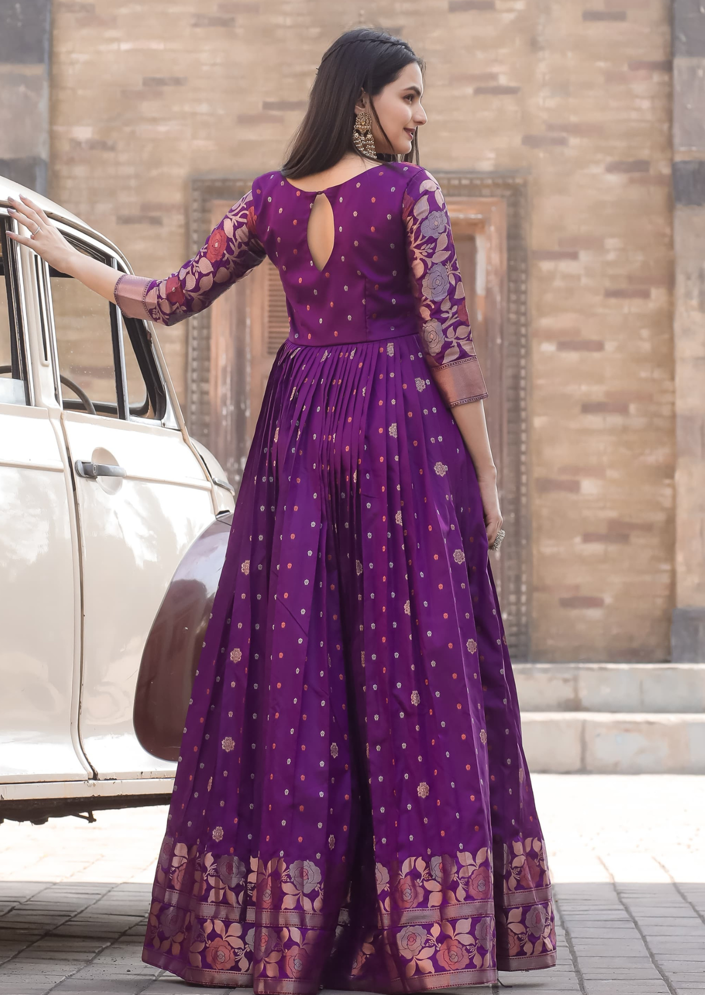 Elegant Soft Silk Gown with Copper Weaving