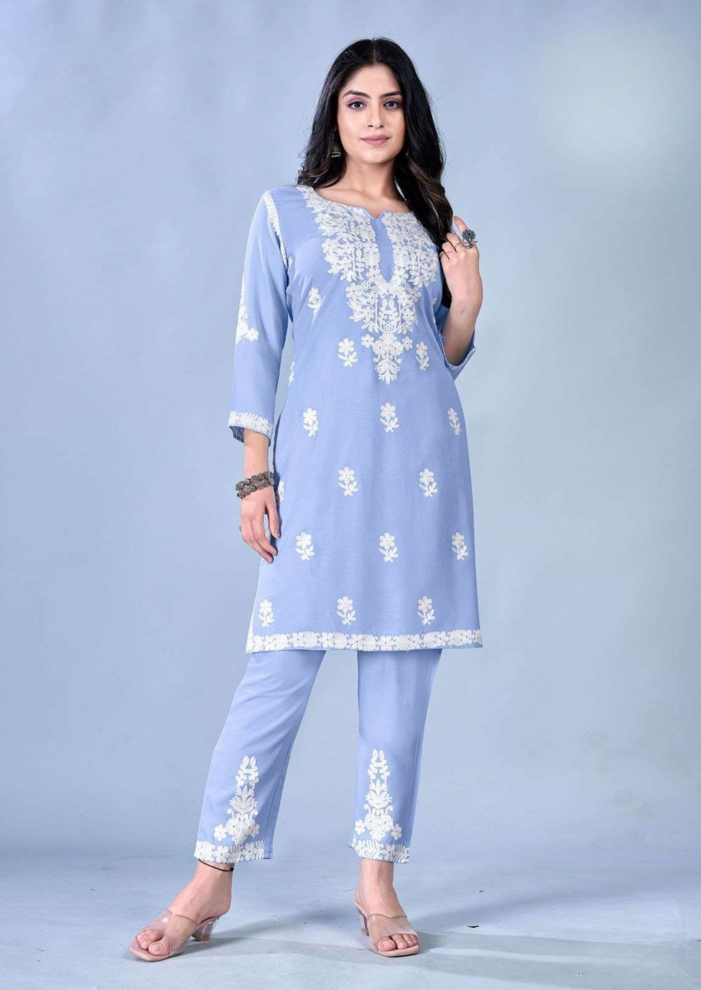 Blue Hills Sunburn – Elegant White Thread Work in Premium Rayon