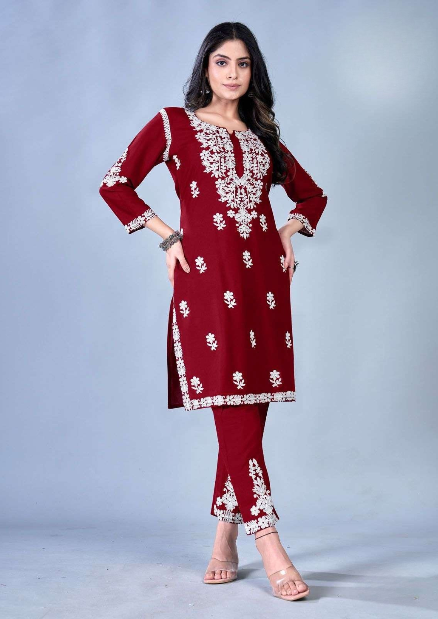 Blue Hills Sunburn – Elegant White Thread Work in Premium Rayon