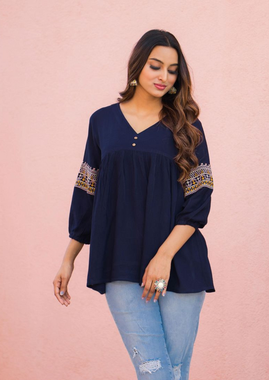 Mittoo Victoria Rayon Wrinkle Short Tunic with Thread Work