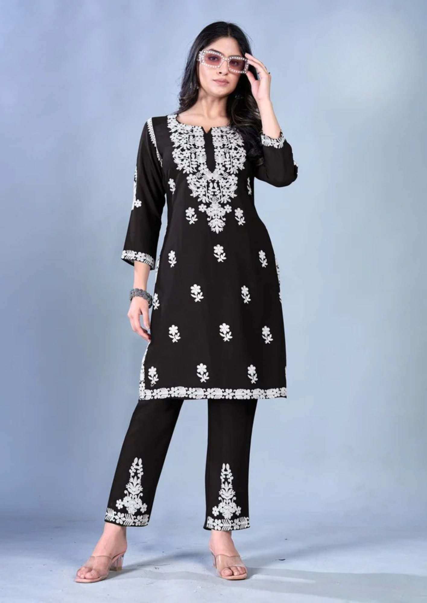 Blue Hills Sunburn – Elegant White Thread Work in Premium Rayon