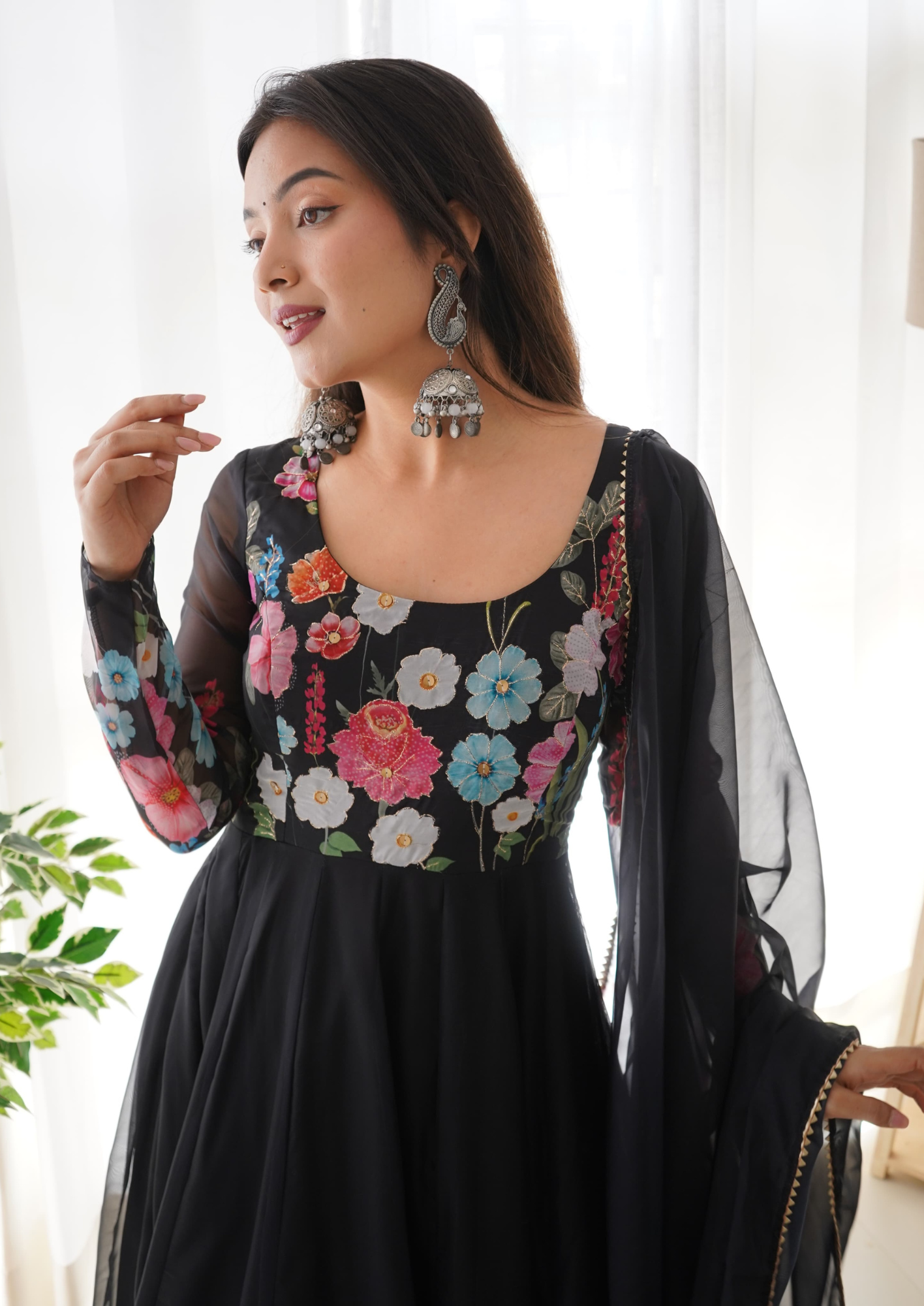 Organza Floral Anarkali Set in Pure Soft Silk