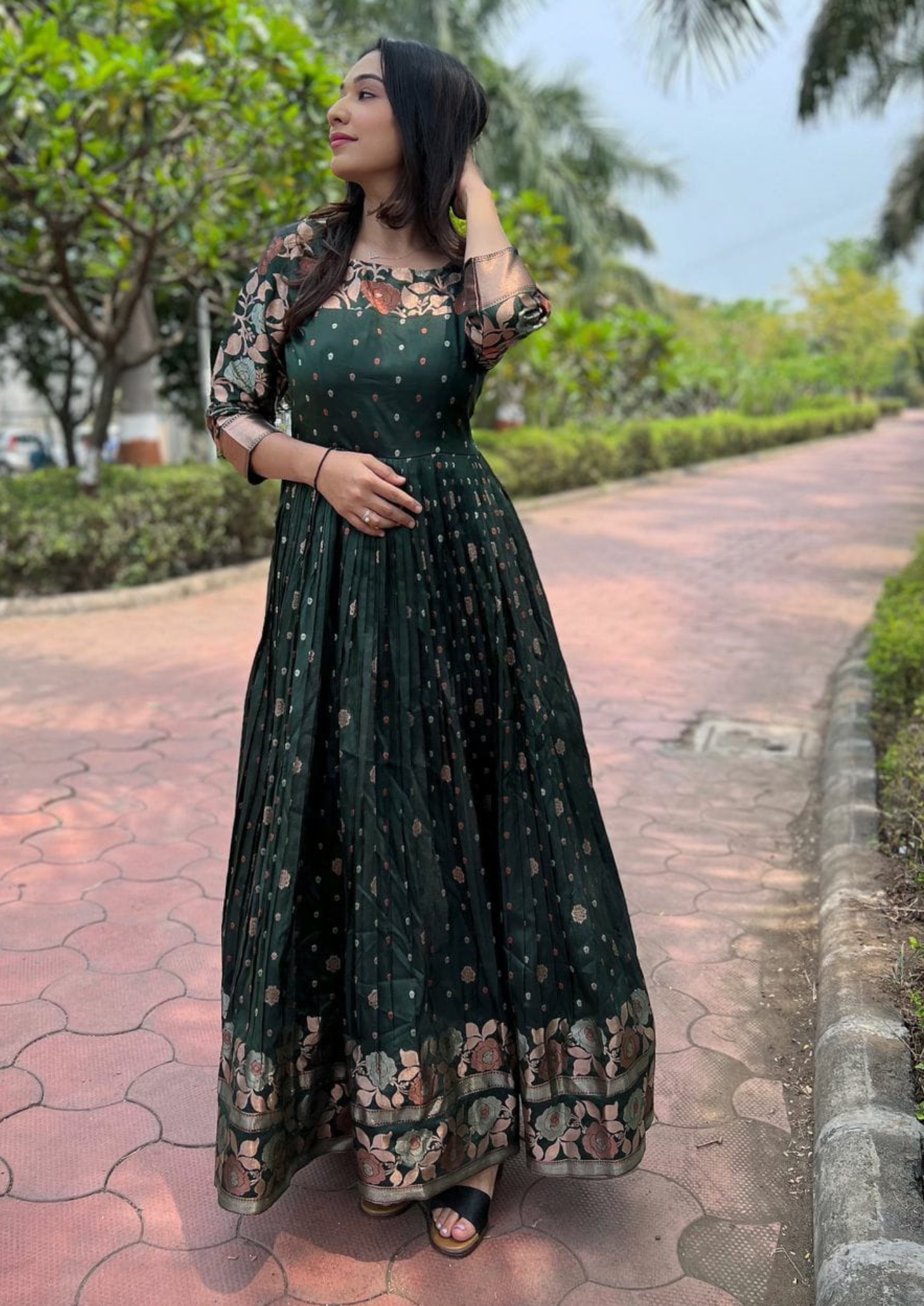 Elegant Soft Silk Gown with Copper Weaving