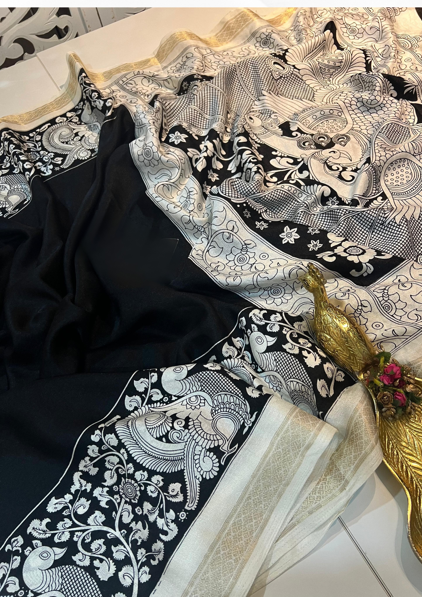 Super Soft Pashmina Saree with Kalamkari Design & Zari Weaving Border