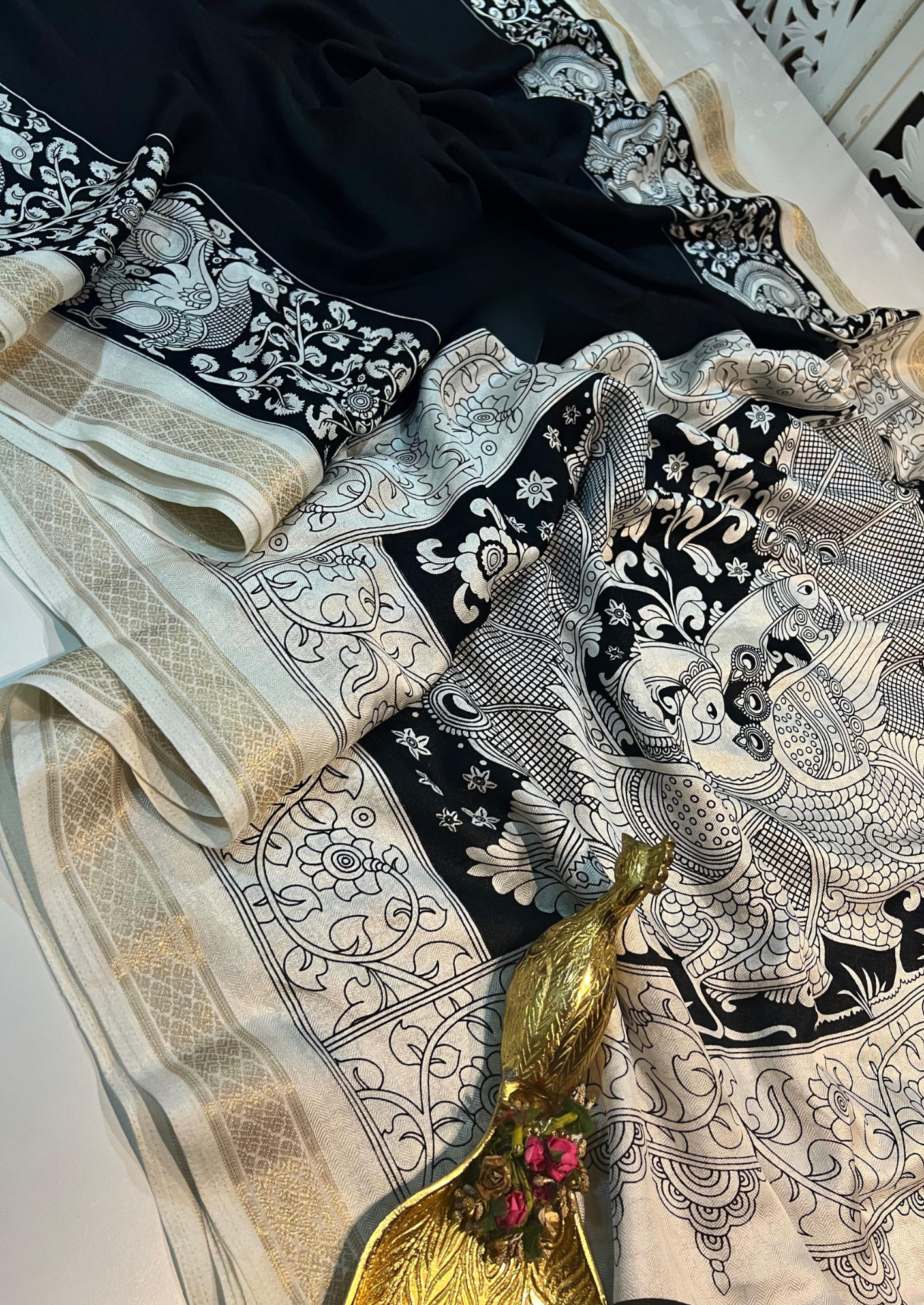 Super Soft Pashmina Saree with Kalamkari Design & Zari Weaving Border