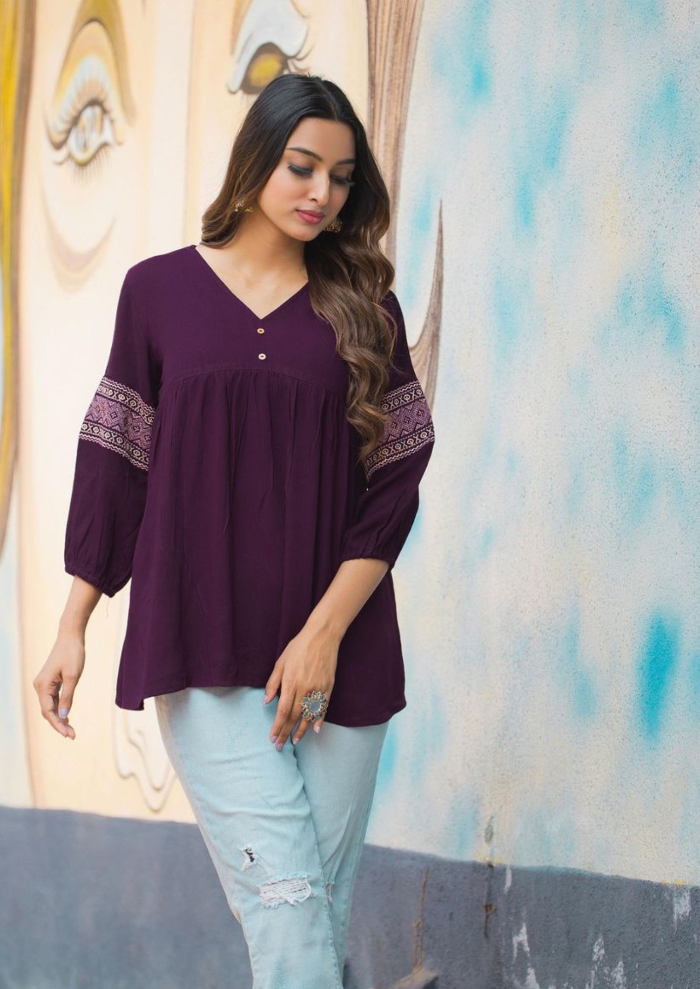 Mittoo Victoria Rayon Wrinkle Short Tunic with Thread Work