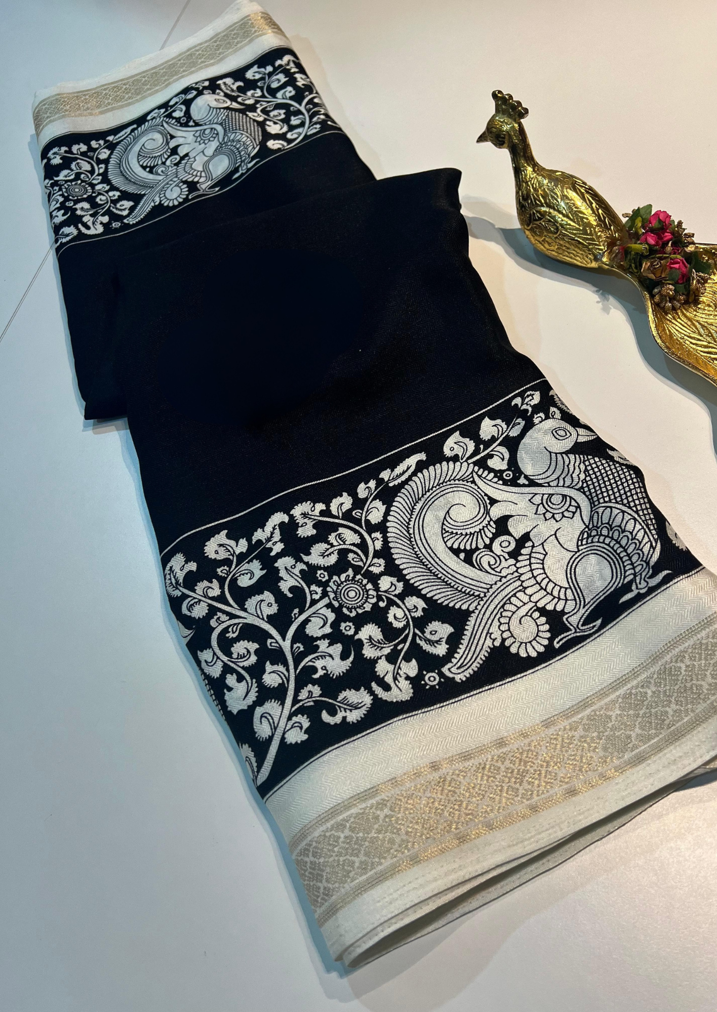 Super Soft Pashmina Saree with Kalamkari Design & Zari Weaving Border