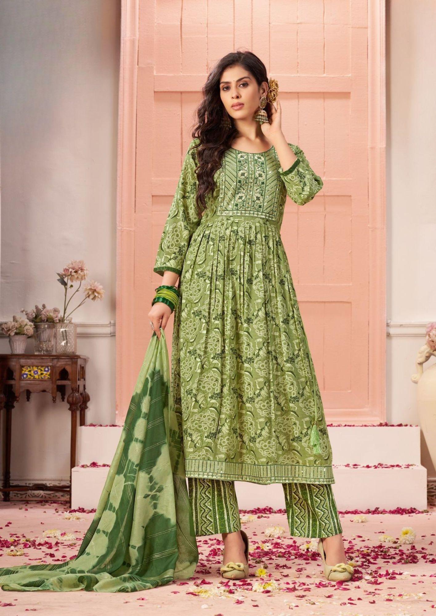 Tanishk Sharanam Green Floral Abstract Kurti & Pant Set