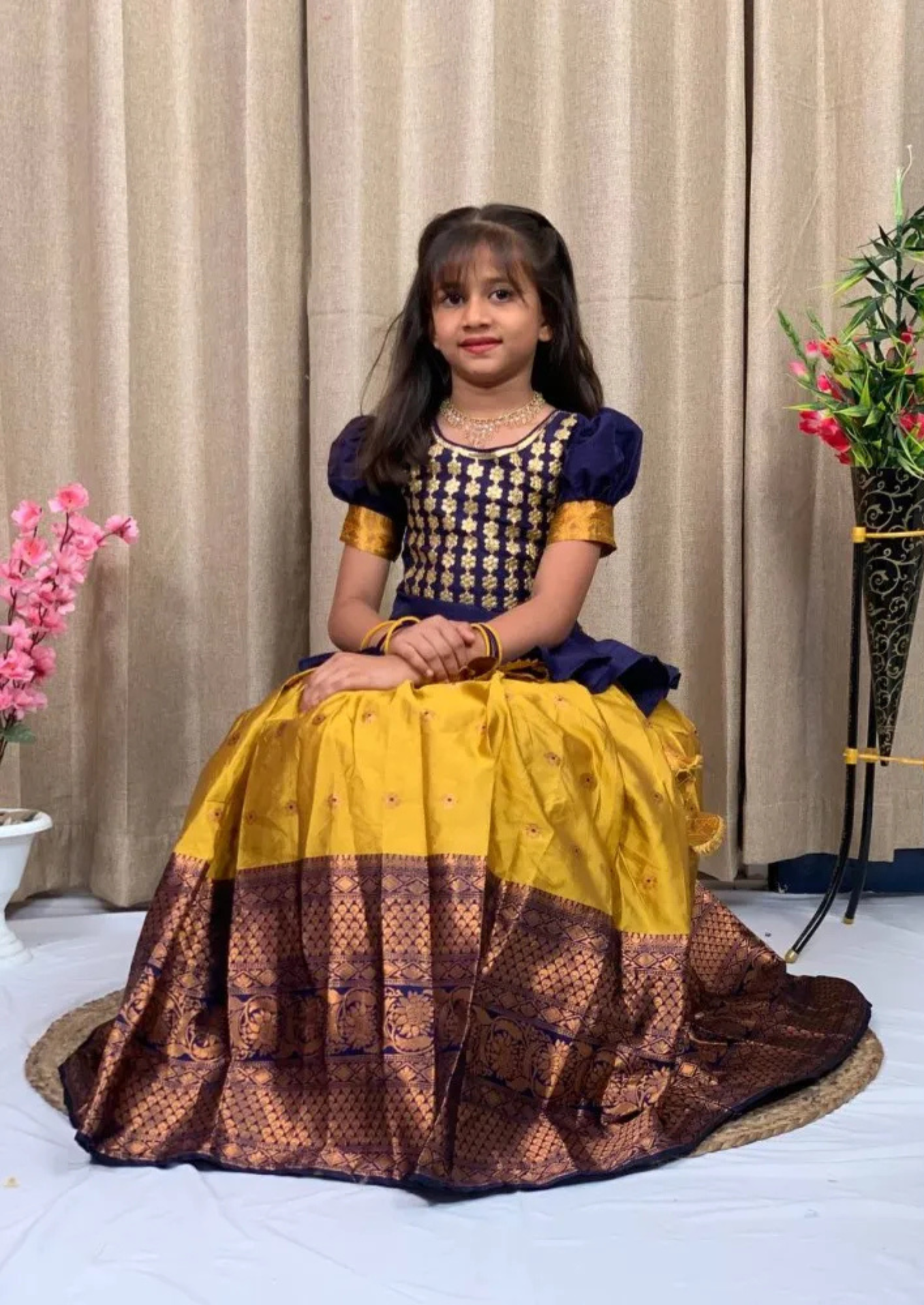 Beautiful Full Flair Silk Lehenga/Pattu Pavadai with Zari - Blue & Yellow