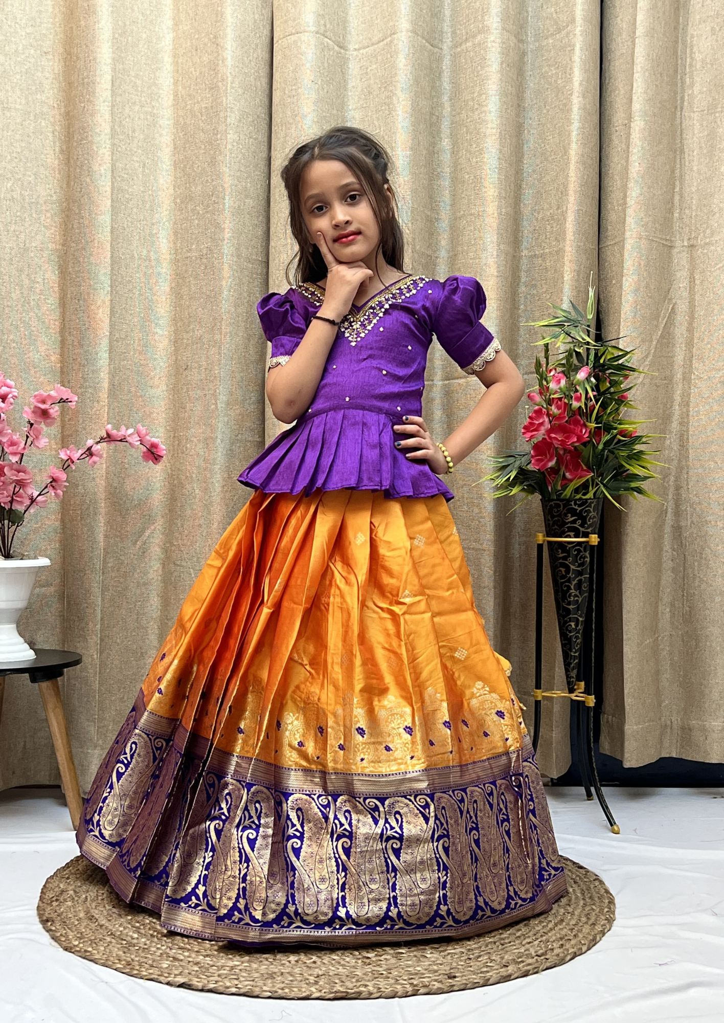 Beautiful Full Flair Silk Lehenga/Pattu Pavadai with Zari - Purple & Yellow