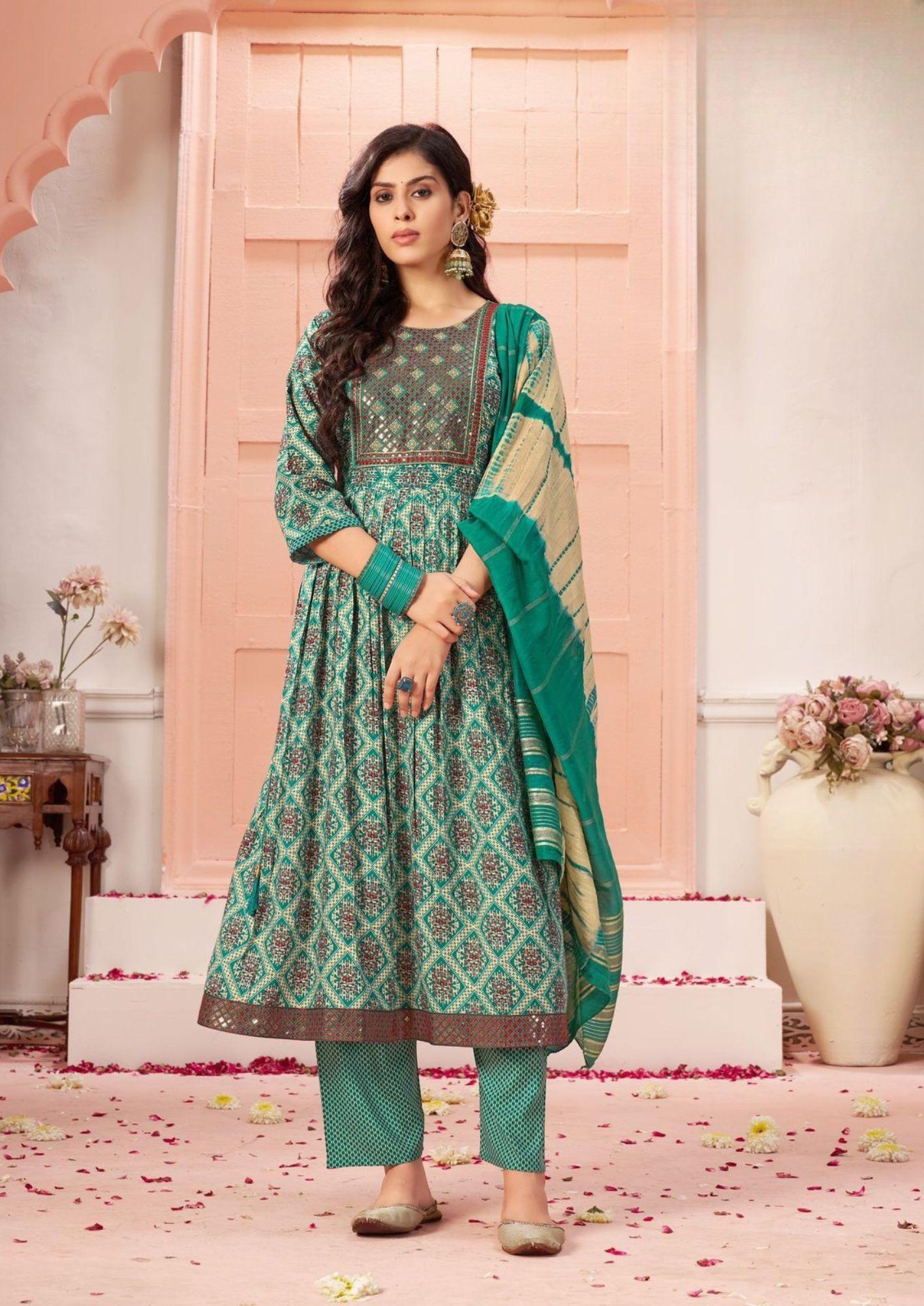 Tanishk Sharanam Teal Geometric Embroidered Kurti & Pant Set