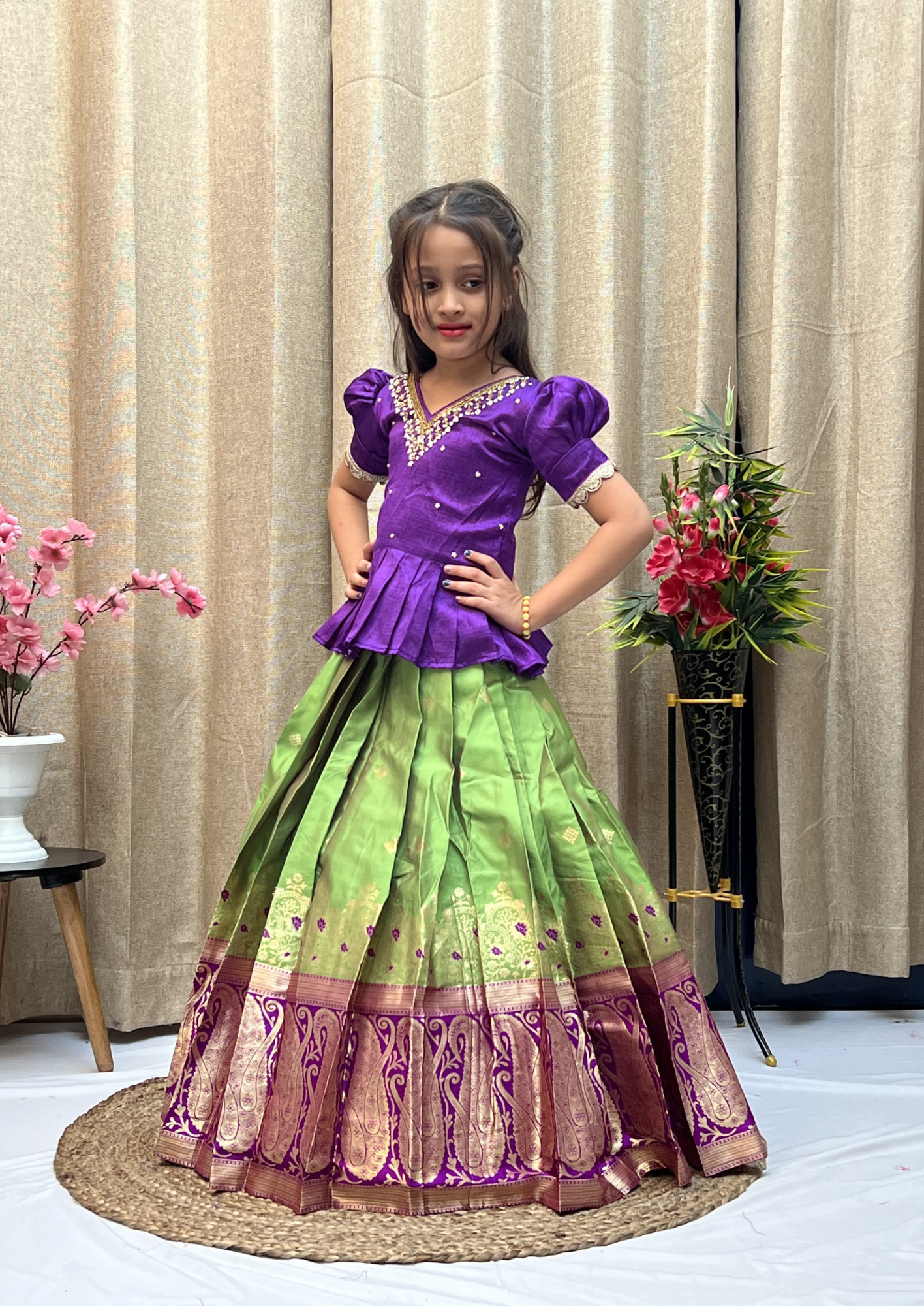 Beautiful Full Flair Silk Lehenga/Pattu Pavadai with Zari - Purple & Green