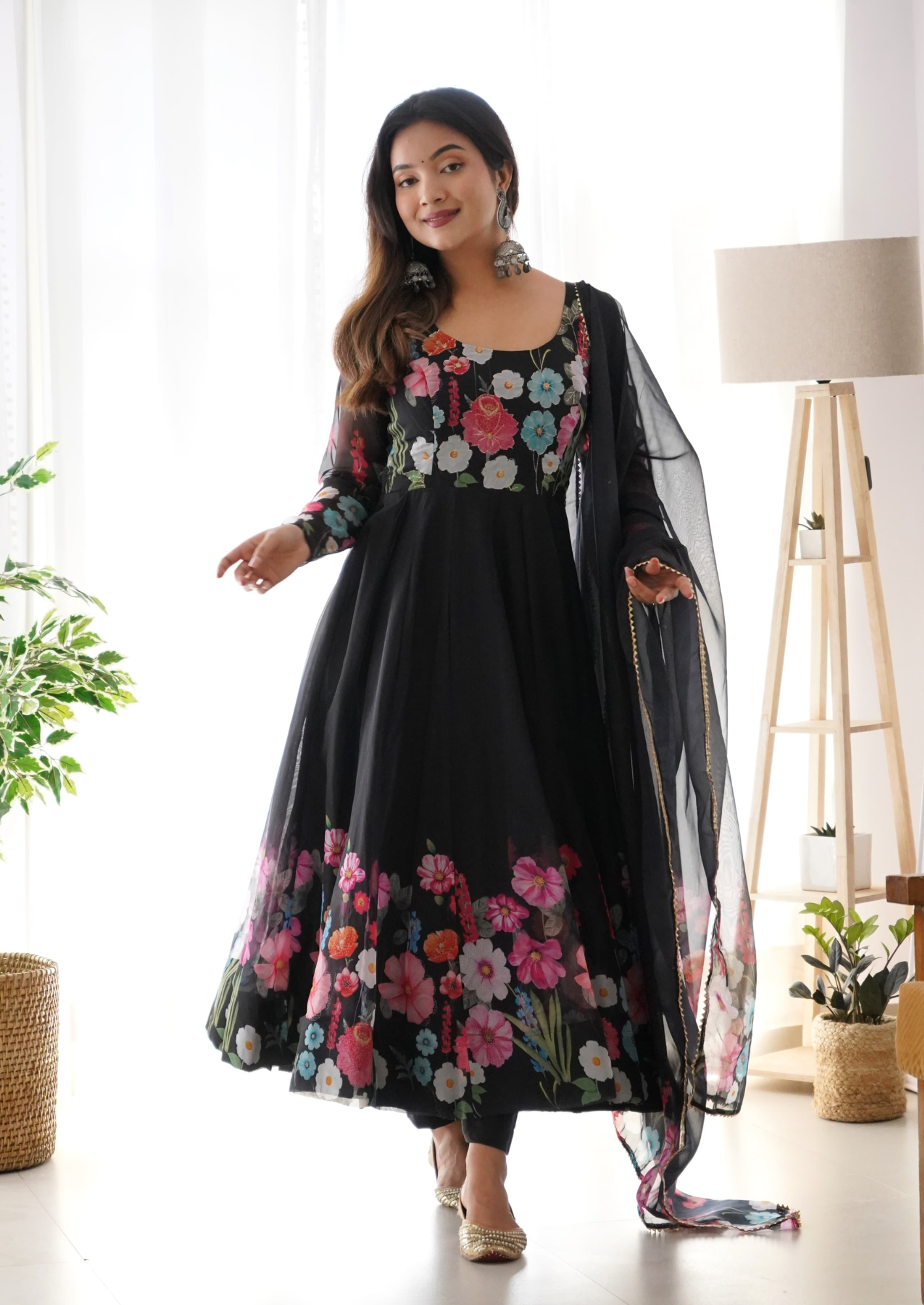Organza Floral Anarkali Set in Pure Soft Silk