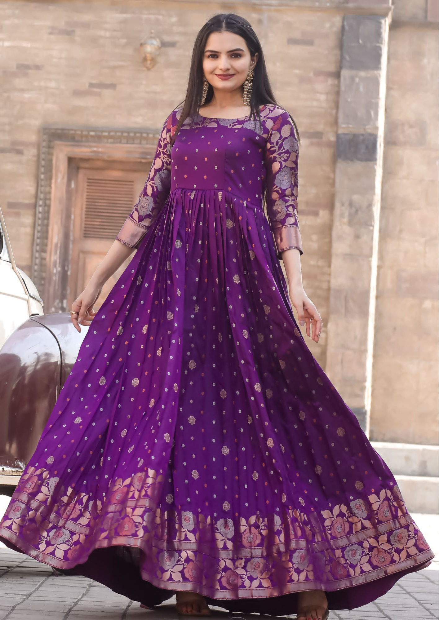 Elegant Soft Silk Gown with Copper Weaving