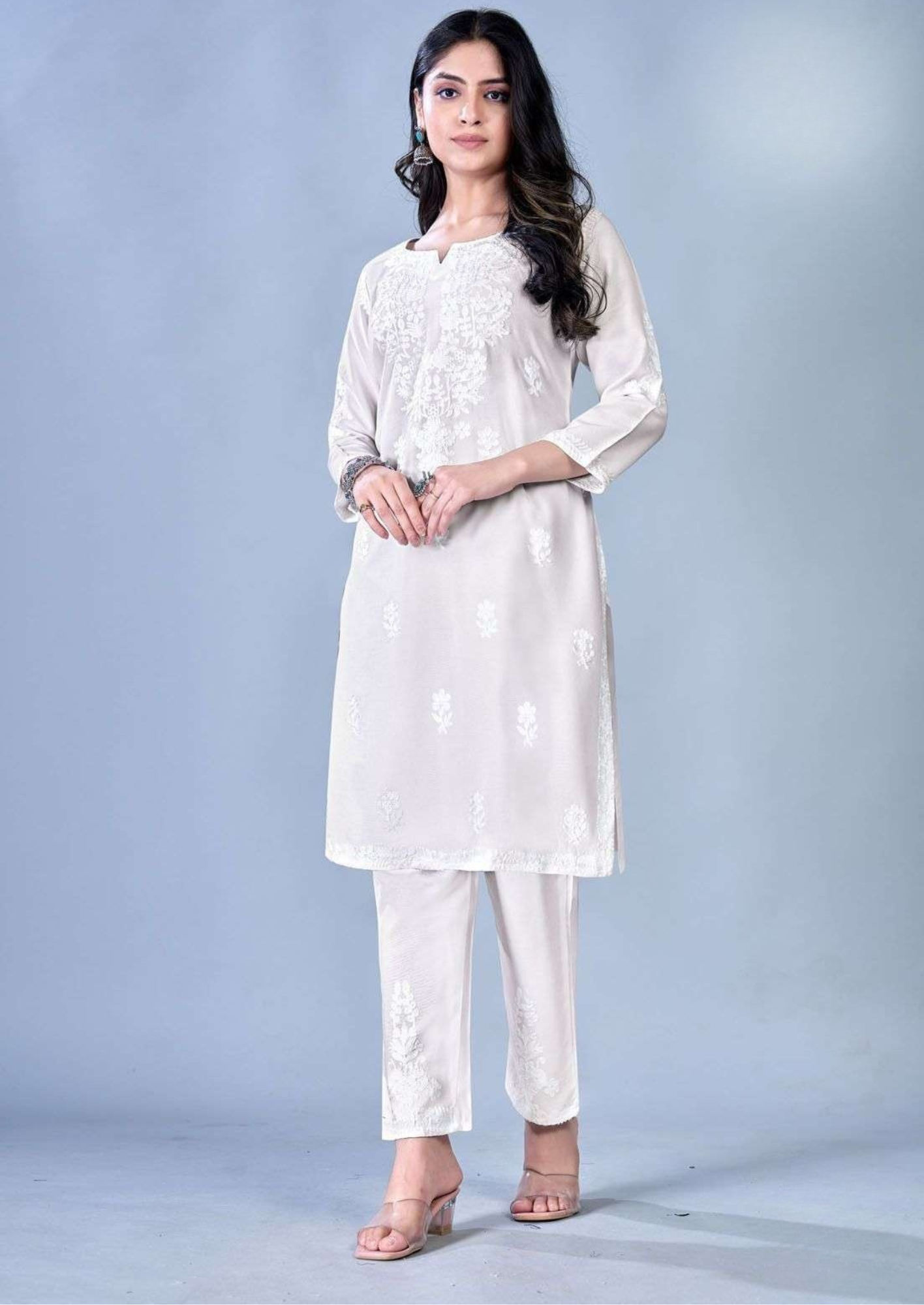 Blue Hills Sunburn – Elegant White Thread Work in Premium Rayon