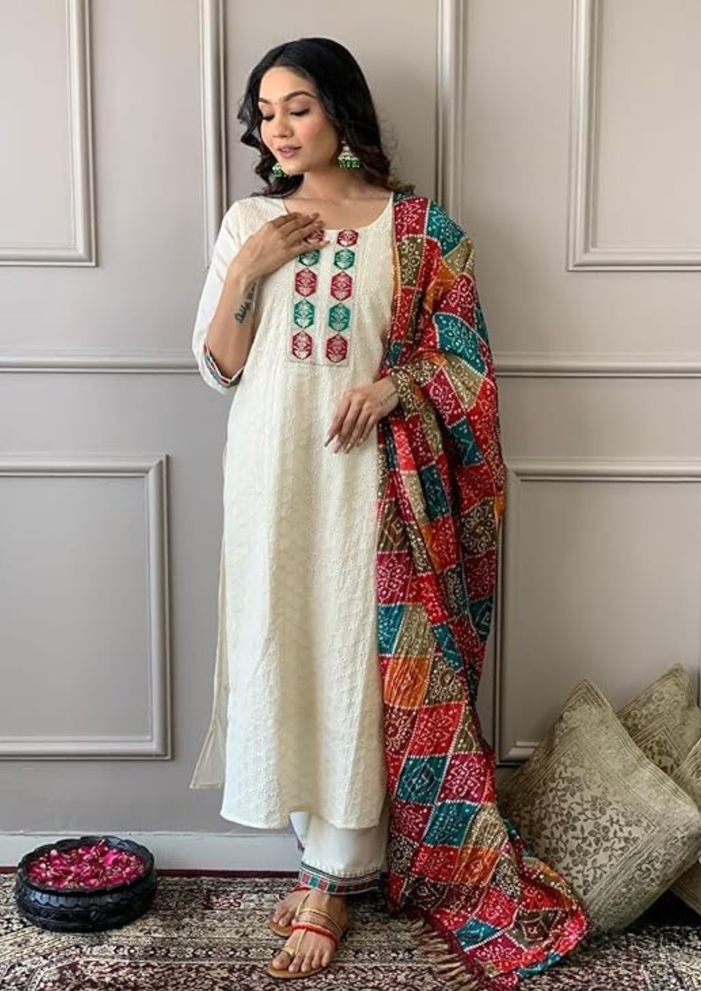 Elegant Cotton Schiffli Chikankari Kurta Set with Printed Dupatta