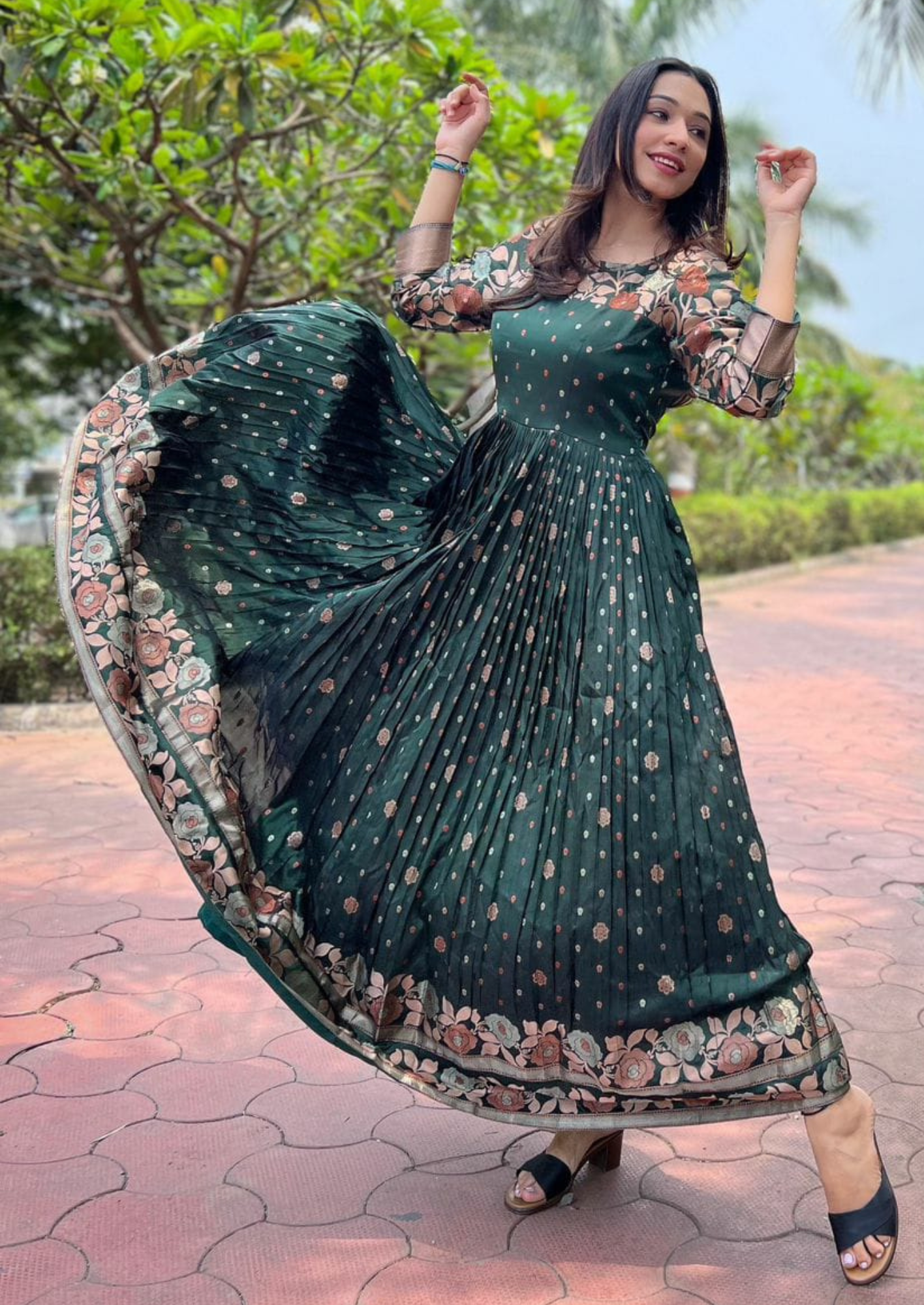 Elegant Soft Silk Gown with Copper Weaving