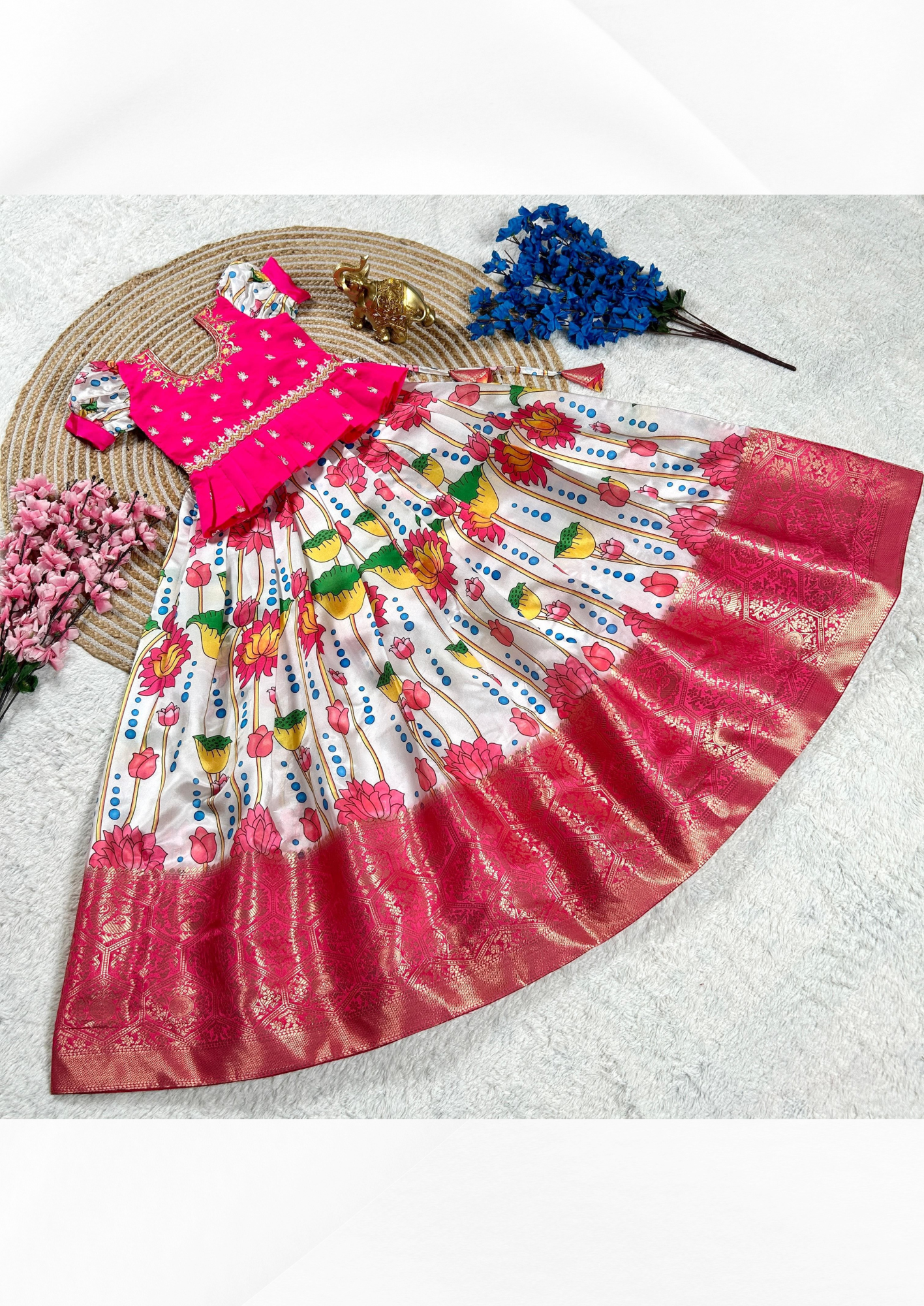 Beautiful Printed Lichi Silk Pattu Pavadai Lehenga Choli