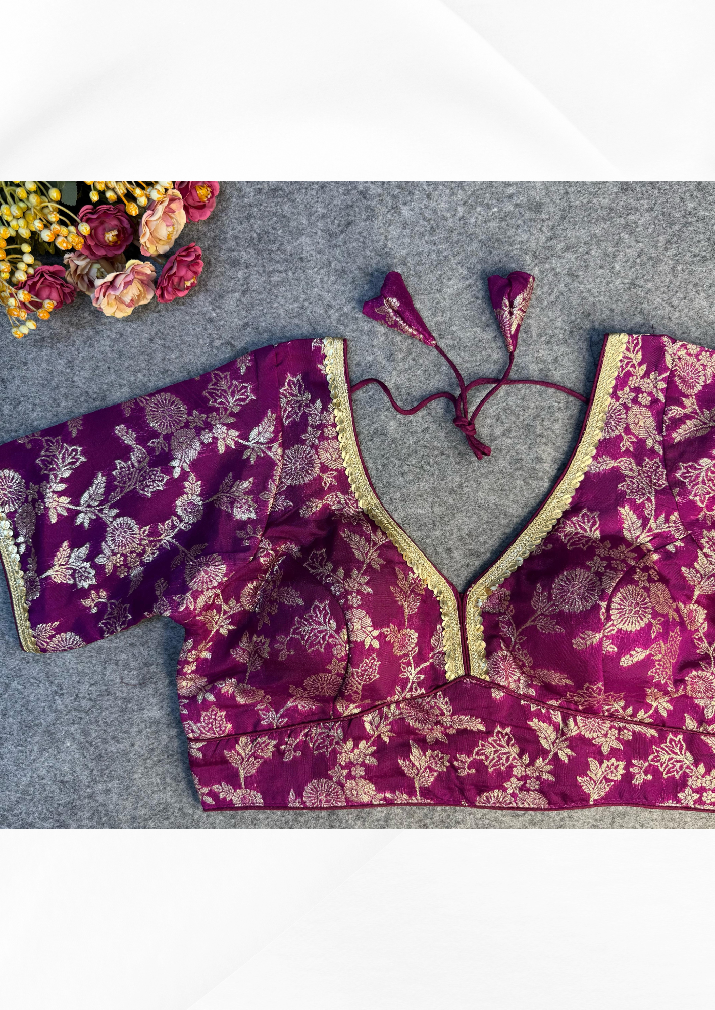 Heavy Dola Silk Partywear Blouse with Lace Pattern & Back-Open Style