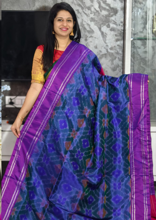 Pure Ikat Semi Silk Saree with Contrast Pallu & Blouse