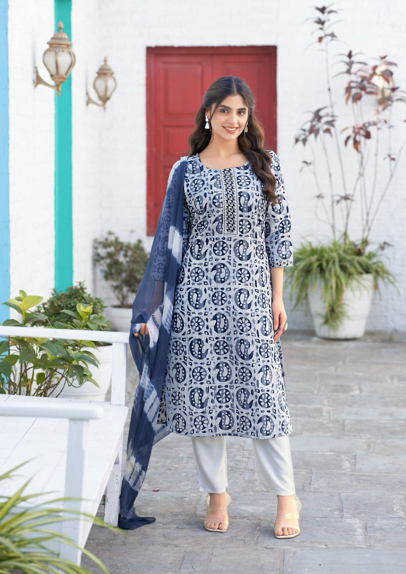 Mystic Nisha Elegant Dobby Cotton Kurti Pant Set with Batik Neck Embroidery