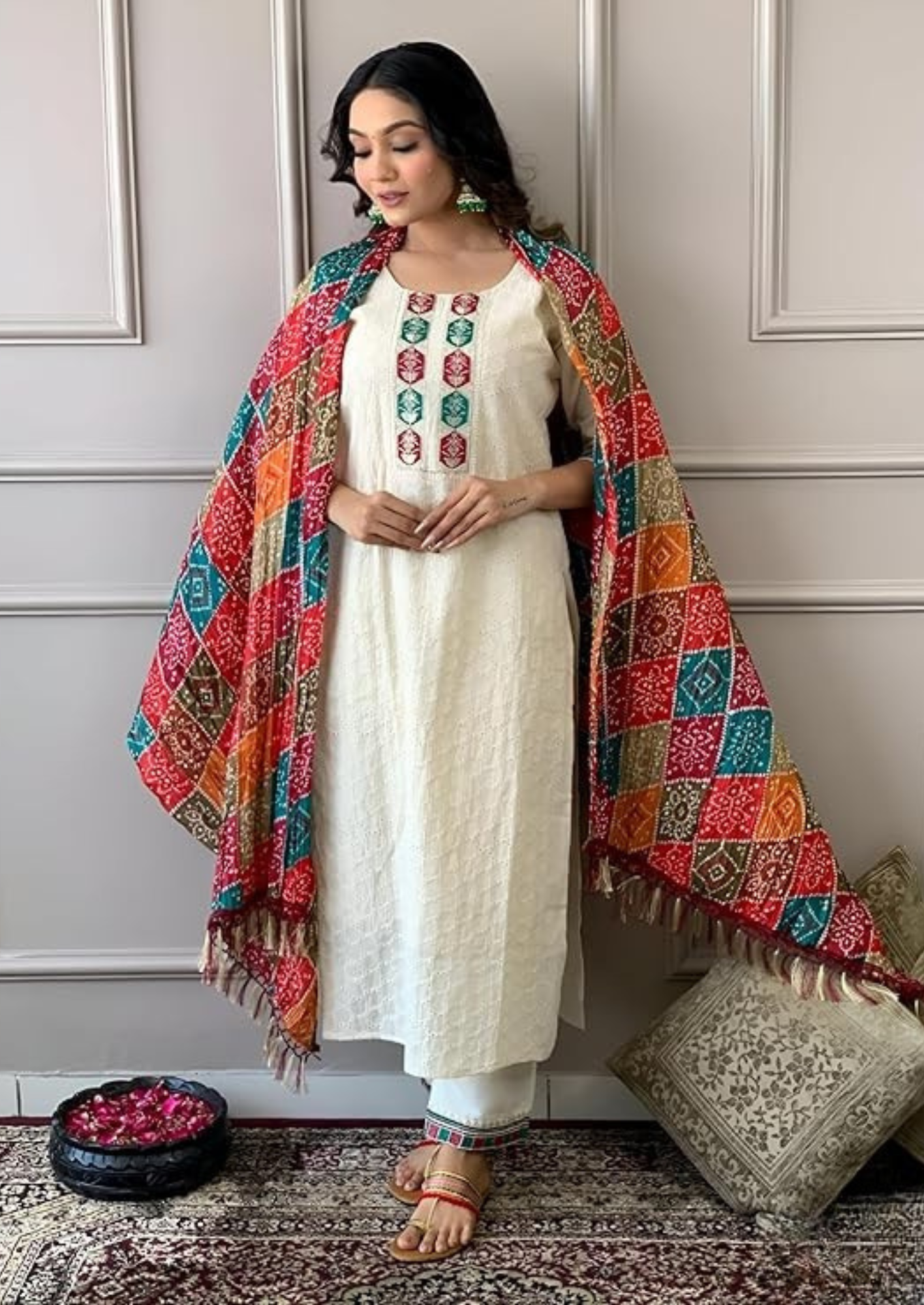 Elegant Cotton Schiffli Chikankari Kurta Set with Printed Dupatta