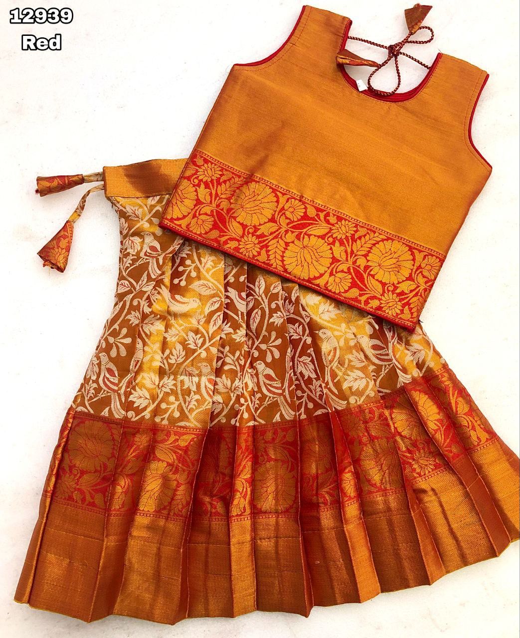 Kids Semi Silk Lehenga - Gold Zari Sparrow Design