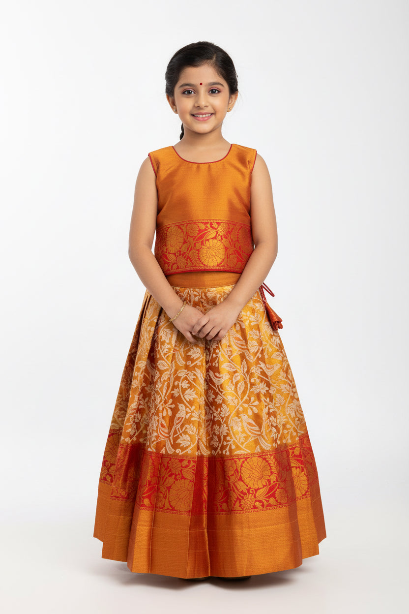 Kids Semi Silk Lehenga - Gold Zari Sparrow Design