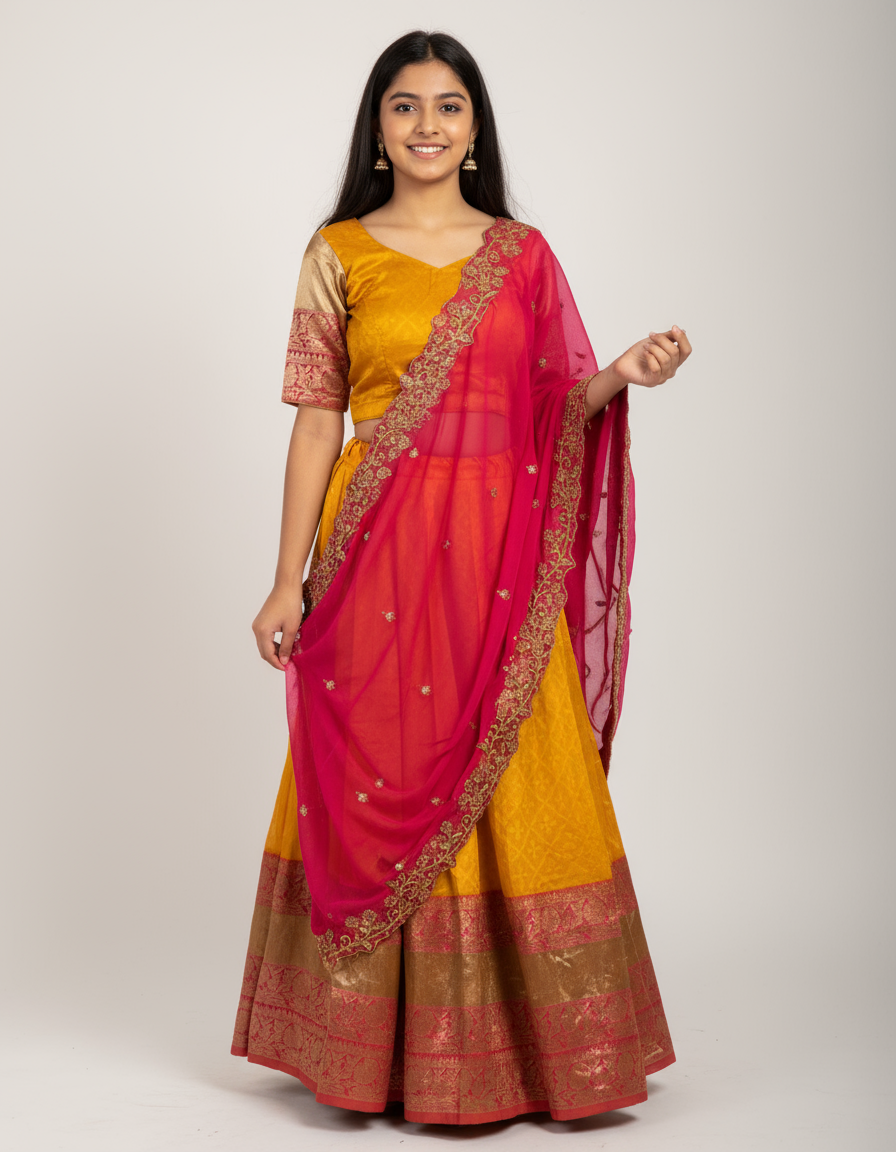 Kids Silk Half Saree (Yellow & Pink)