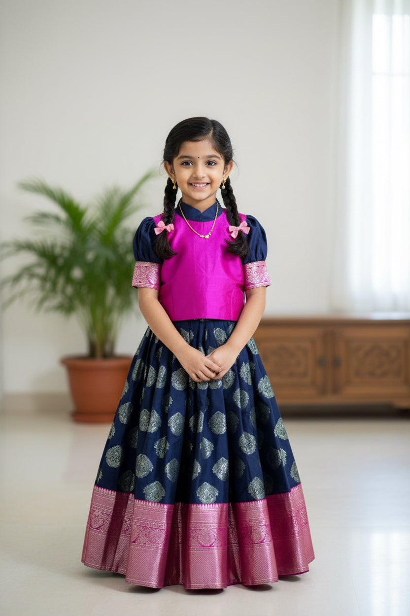 Kids Silk Lehenga Set – Blue with Pink