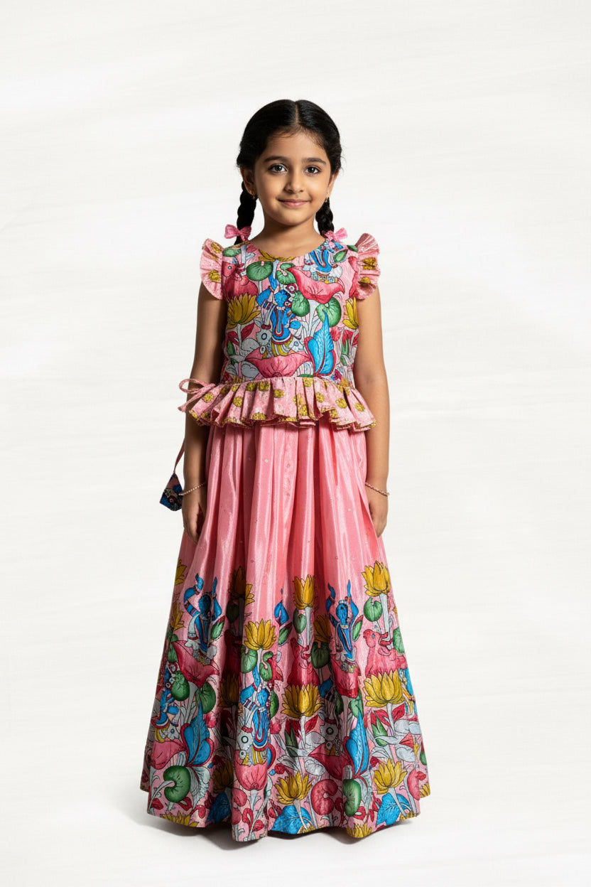 Kids Dola Silk Pavadai Set – Peach Floral