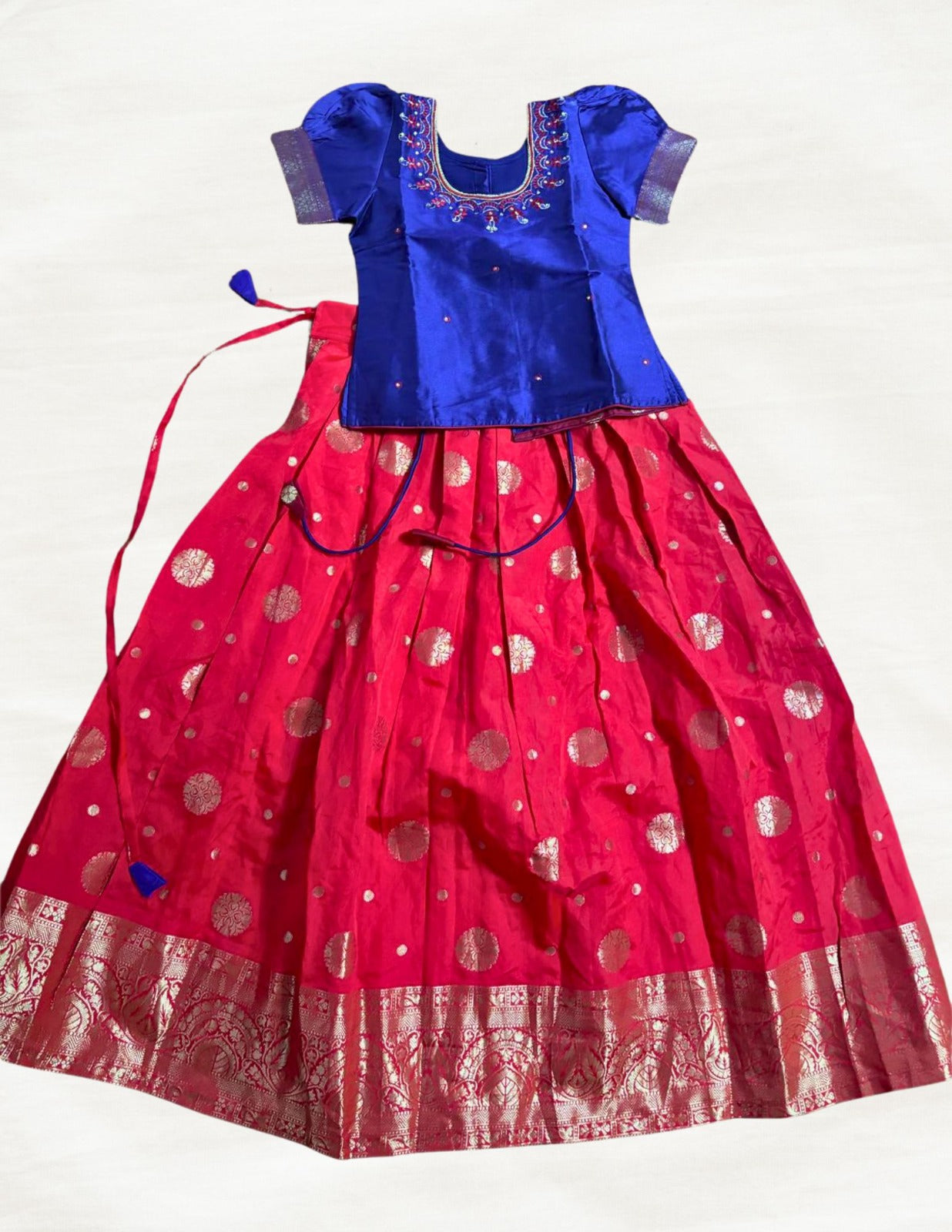 Kids Silk Pavadai Set – Blue With Red