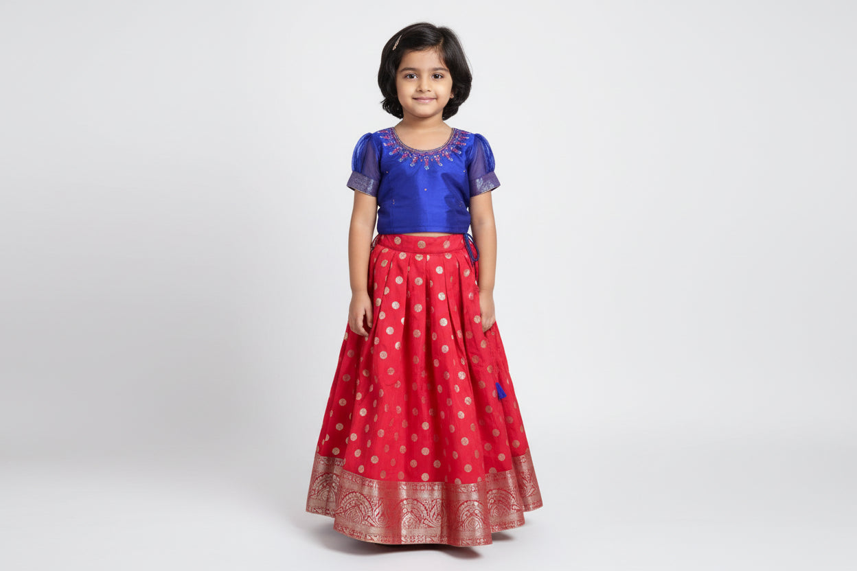 Kids Silk Pavadai Set – Blue With Red