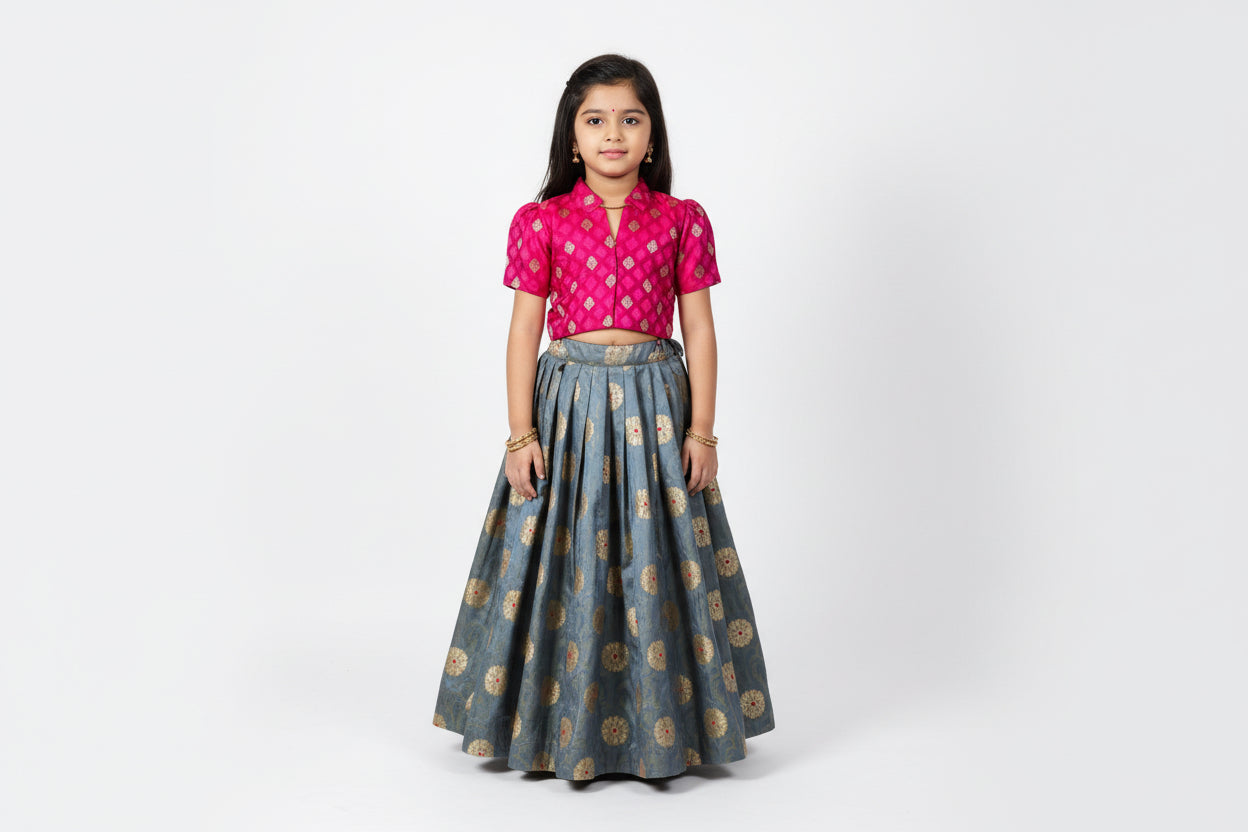 Kids Silk Pavadai Set – Grey With Pink