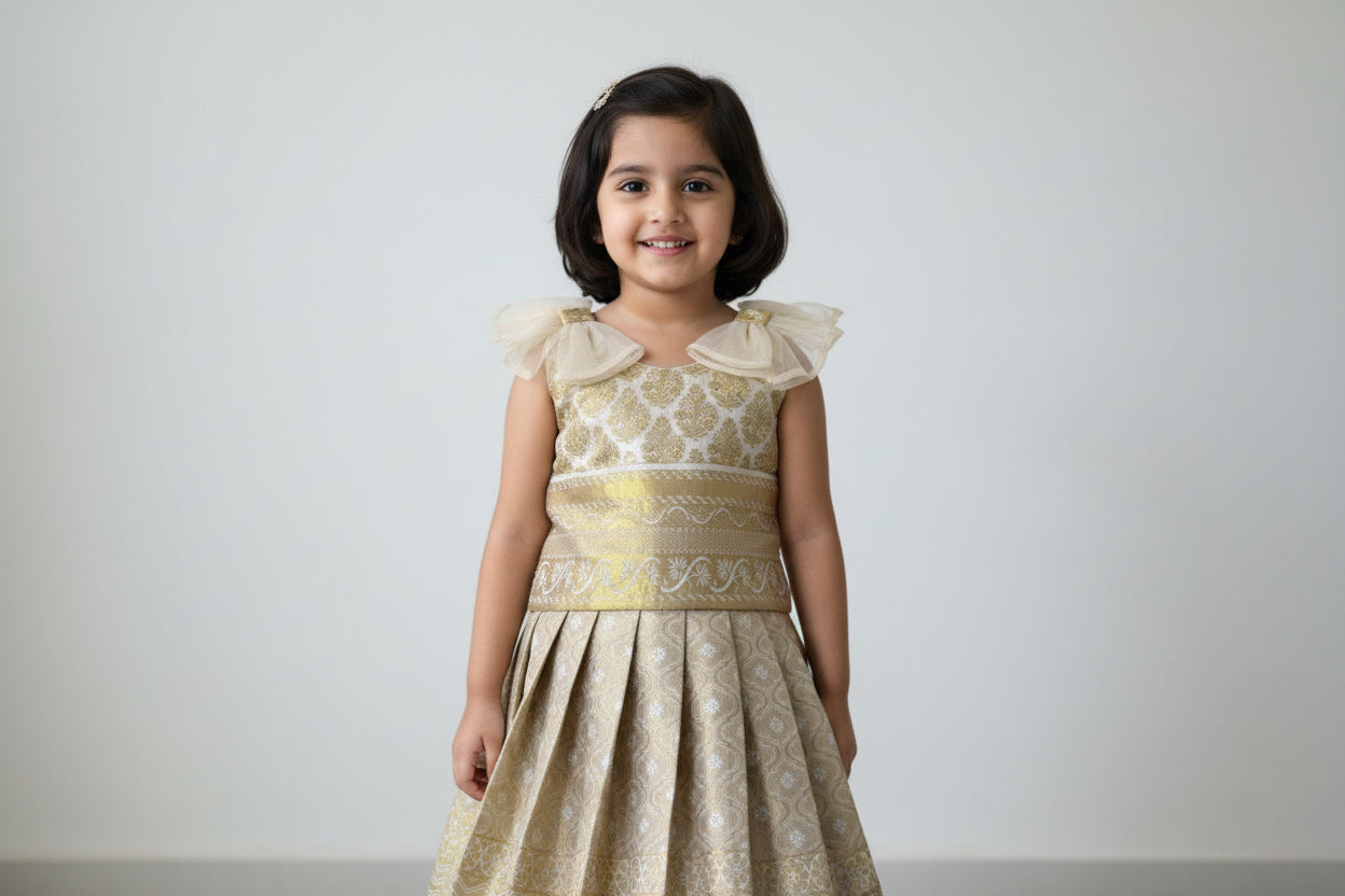 Kids Silk Pavadai Set – White With Gold