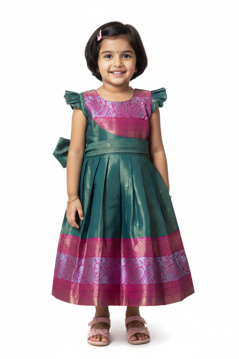 Kids Silk Gown – Green With Pink