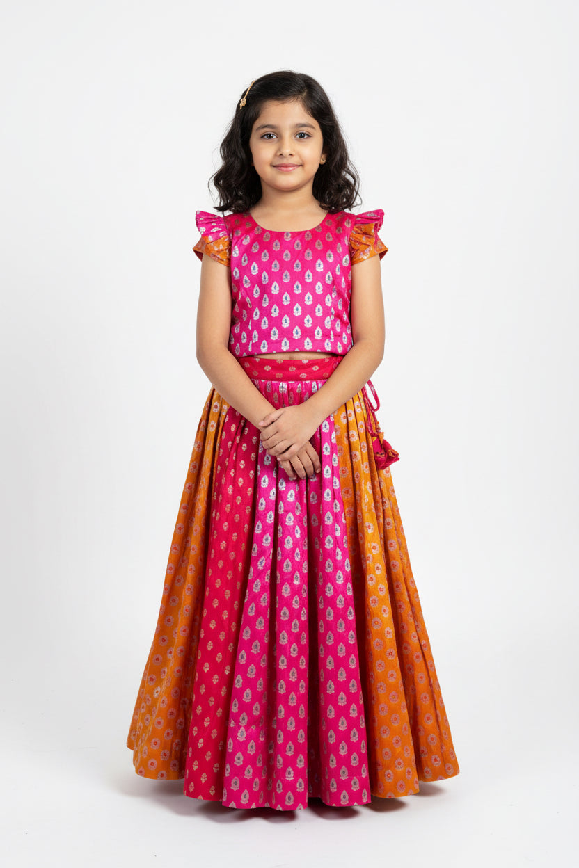 Kids Silk Pavadai Set – Orange with Yellow