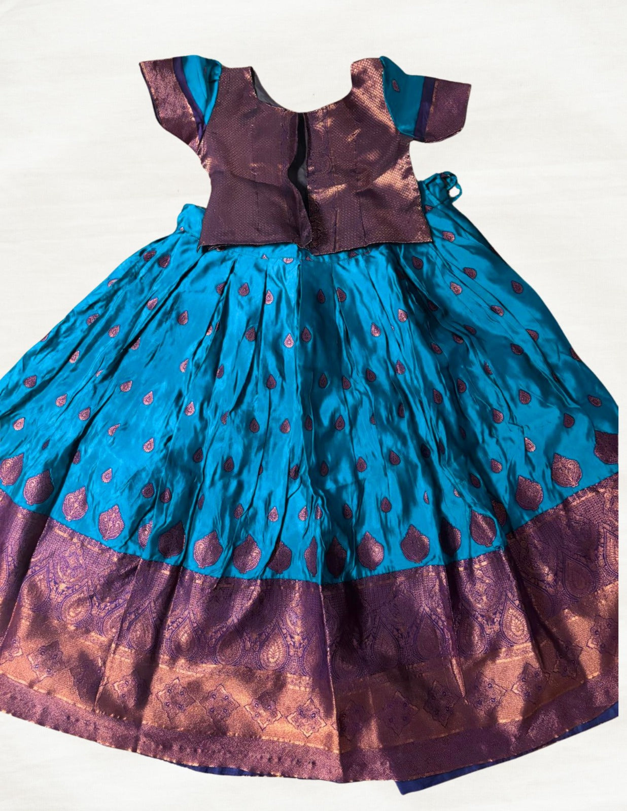 Kids Silk Pavadai Set – Blue With Copper Zari