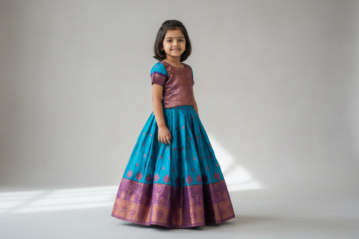 Kids Silk Pavadai Set – Blue With Copper Zari