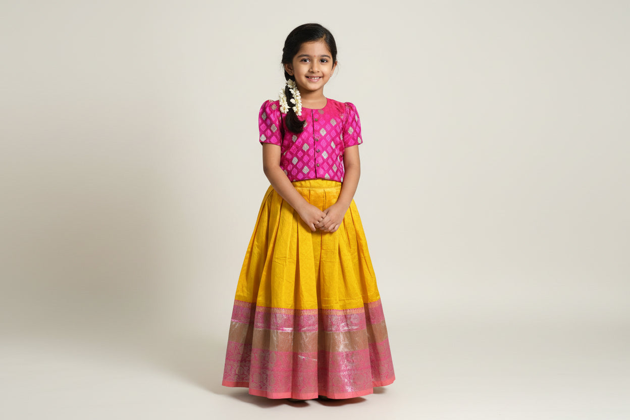Kids Silk Pavadai Set – Yellow with Pink