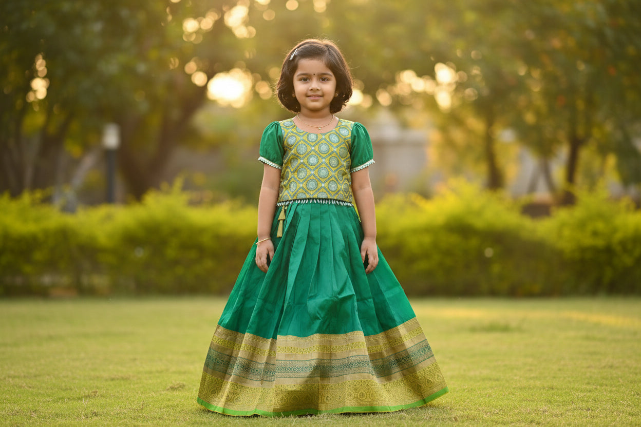 Kids Silk Lehenga Set – Green with Yellow