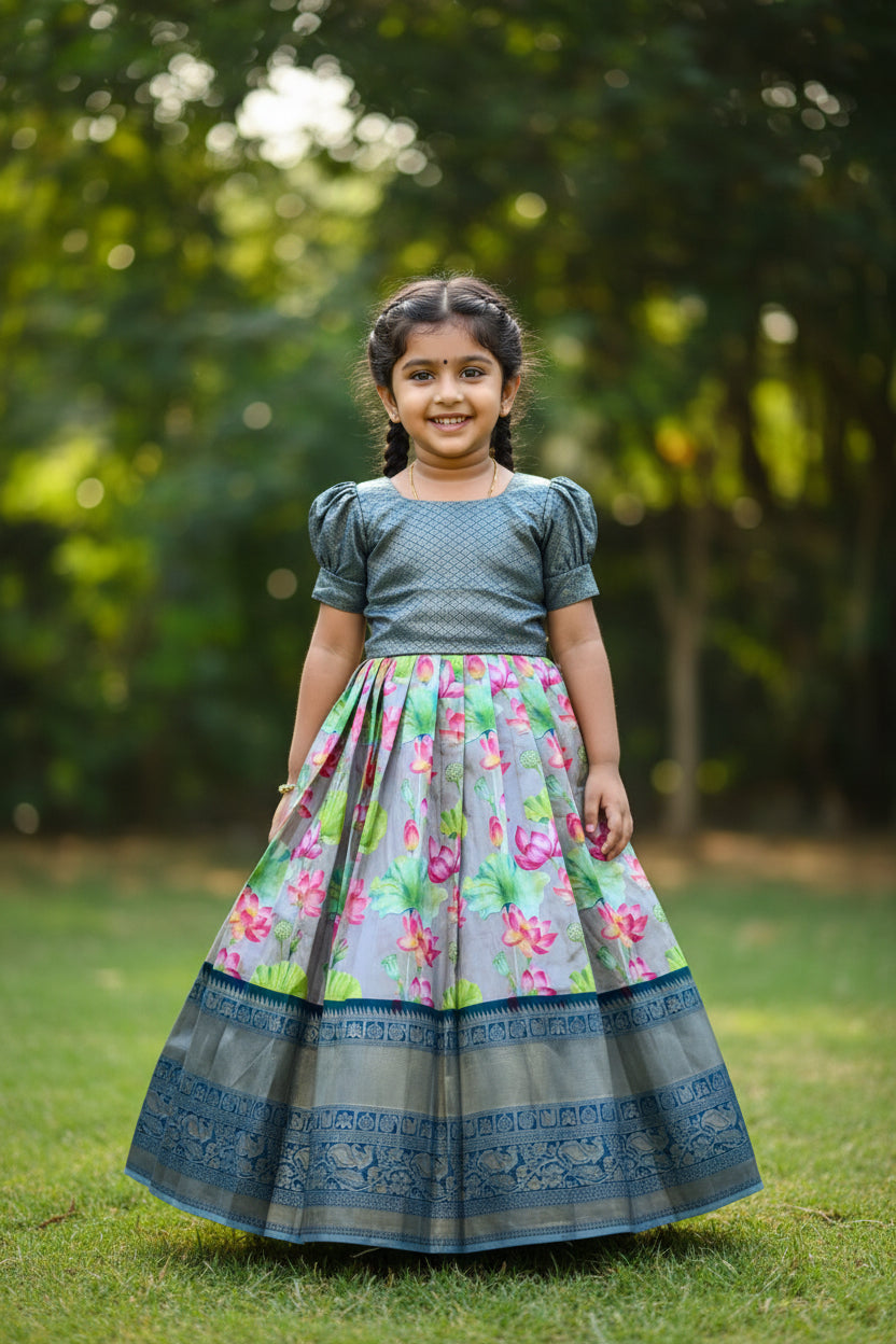 Kids Silk Pavadai Set – Blue Floral