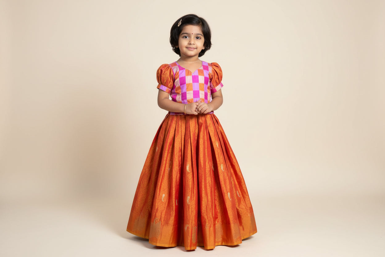Kids Silk Pavadai Set – Orange with Pink