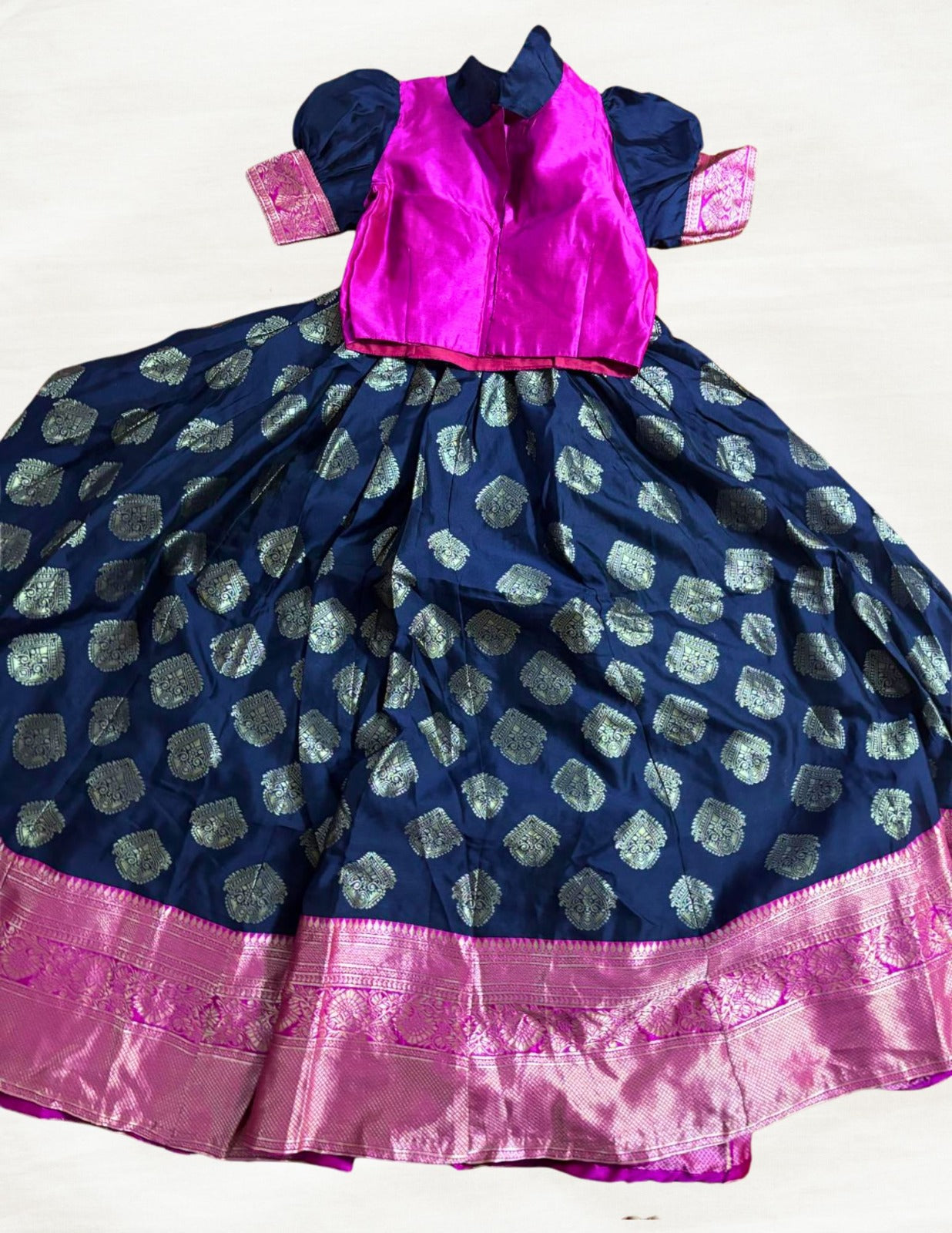 Kids Silk Lehenga Set – Blue with Pink