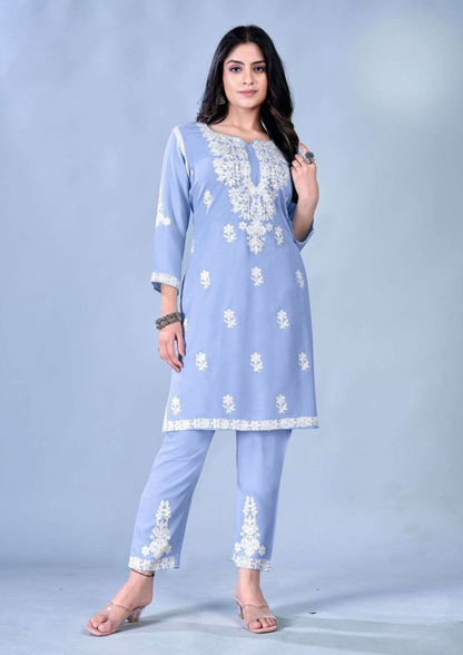 Blue Hills Sunburn – Elegant White Thread Work in Premium Rayon