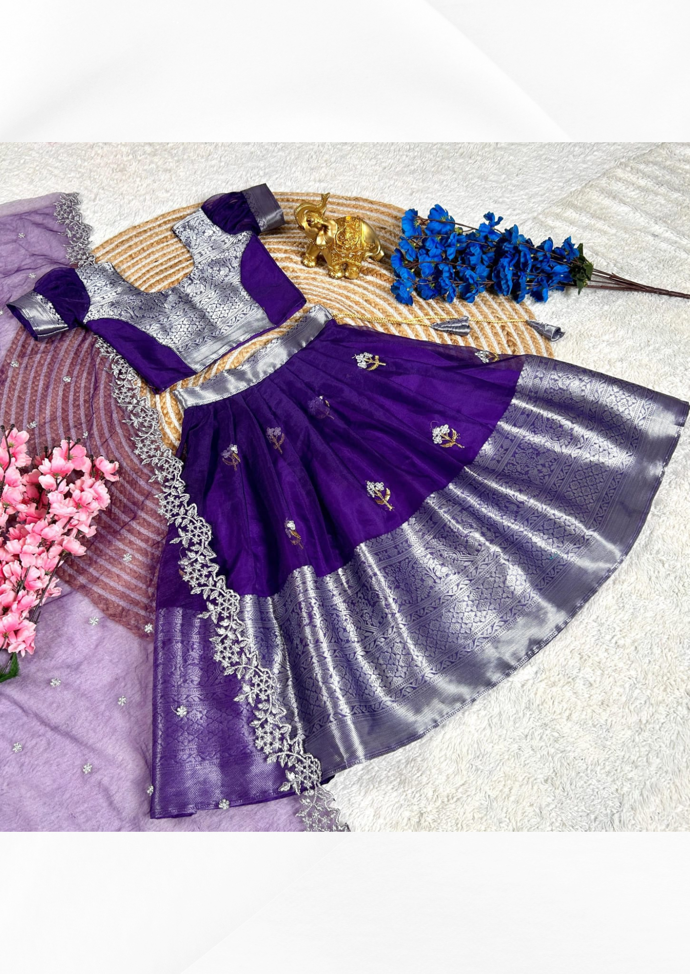 Beautifully Stitched Dyeable Organza Pattu Pavadai Lehenga Choli