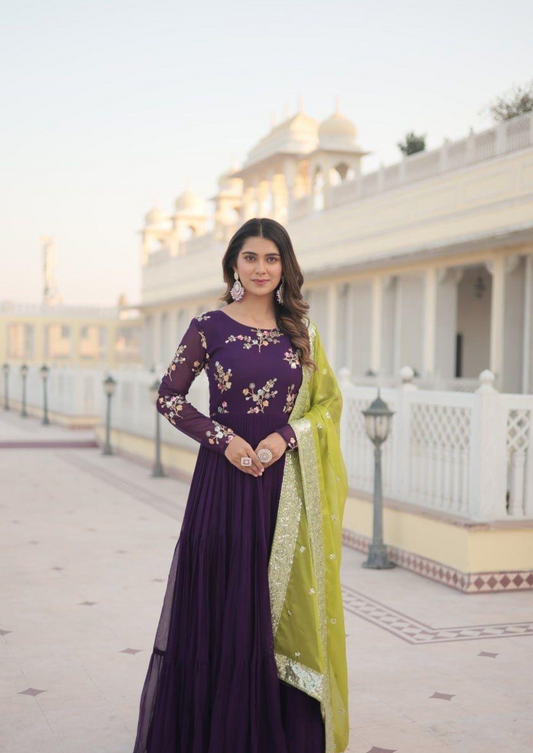 Elegant Faux Georgette Gown with Russian Silk Embroidered Dupatta