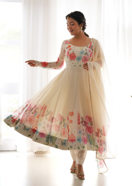 Organza Floral Anarkali Set in Pure Soft Silk