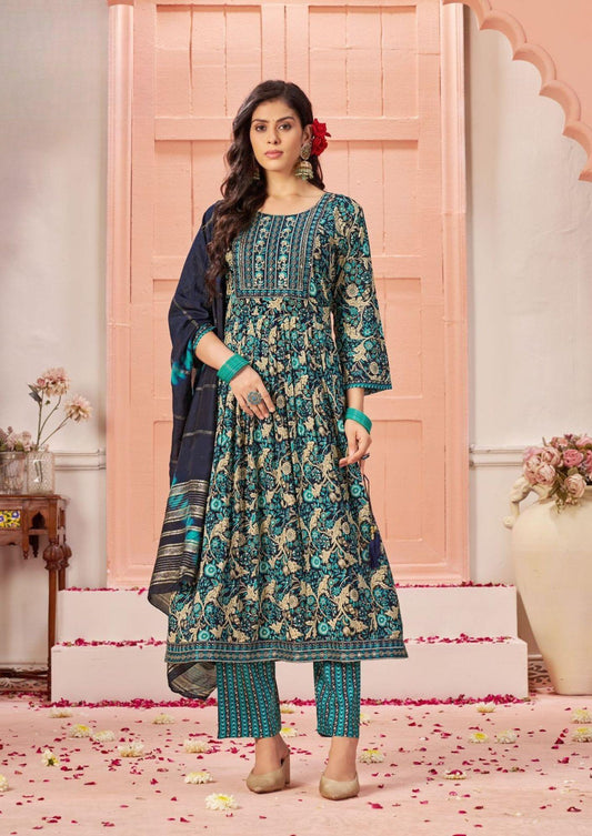 Tanishk Sharanam Teal & Beige Floral Embroidered Kurti & Pant Set
