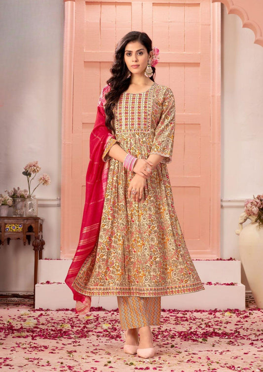 Tanishk Sharanam Beige Red Floral Embroidered Kurti & Pant Set